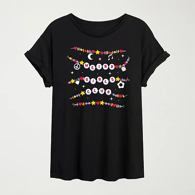 Womens Juniors Crew Neck Short Sleeve Oversized Graphic T-Shirt