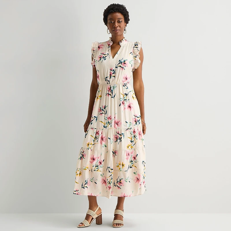 Sandra Darren Womens Notch Neck Sleeveless Ruffled Maxi Dress
