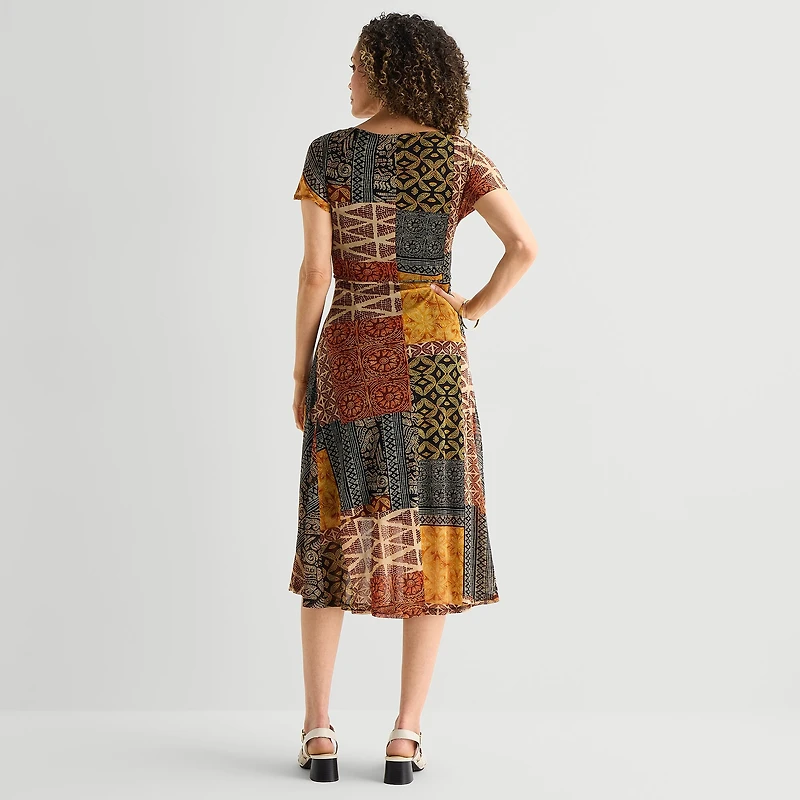 Robbie Bee Womens Midi Round Neck Short Sleeve Dolman Abstract Fit + Flare Dress