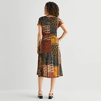 Robbie Bee Womens Midi Round Neck Short Sleeve Dolman Abstract Fit + Flare Dress