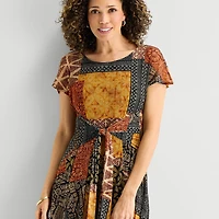 Robbie Bee Womens Midi Round Neck Short Sleeve Dolman Abstract Fit + Flare Dress