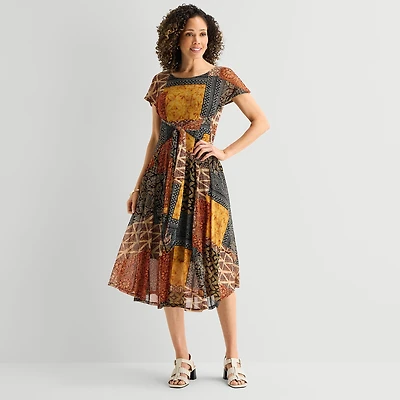 Robbie Bee Womens Midi Round Neck Short Sleeve Dolman Abstract Fit + Flare Dress