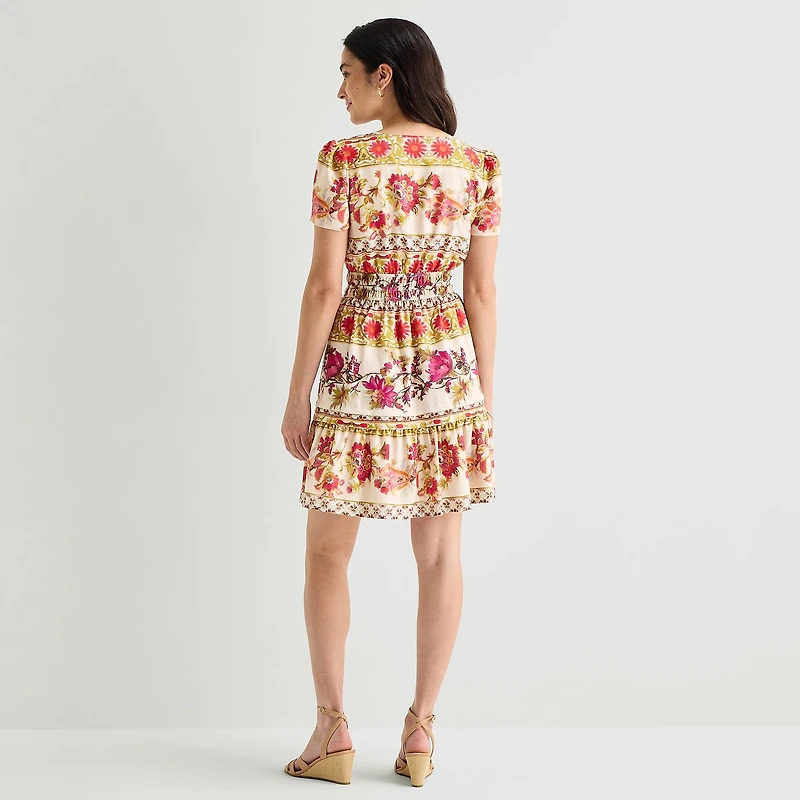 Be by CHETTA B Womens Notch Neck Short Sleeve Fitted Floral Fit + Flare Dress