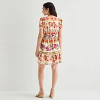 Be by CHETTA B Womens Notch Neck Short Sleeve Fitted Floral Fit + Flare Dress