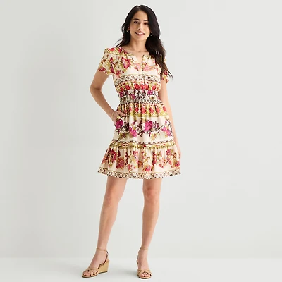 Be by CHETTA B Womens Notch Neck Short Sleeve Fitted Floral Fit + Flare Dress