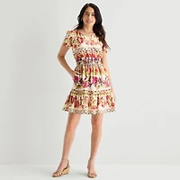 Be by CHETTA B Womens Notch Neck Short Sleeve Fitted Floral Fit + Flare Dress