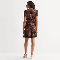 Be by CHETTA B Womens Notch Neck Short Sleeve Fitted Floral Fit + Flare Dress