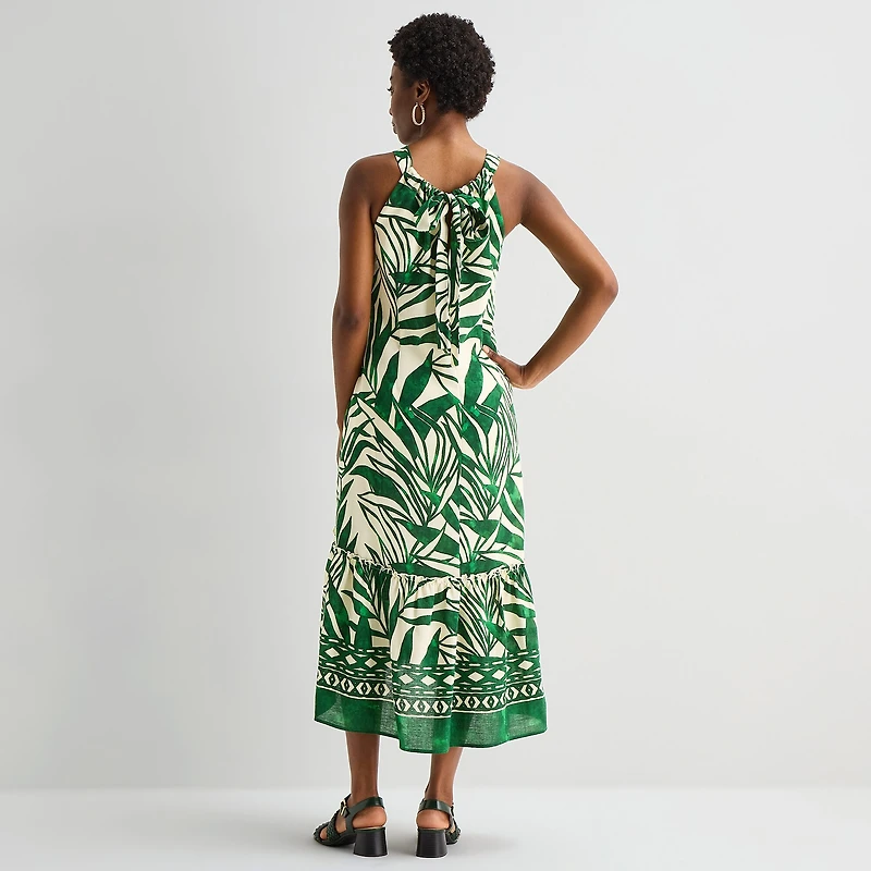 Sandra Darren Womens Midi Round Neck Sleeveless Leaf Shift Dress