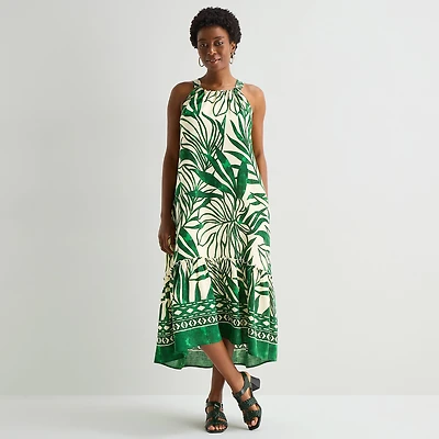 Sandra Darren Womens Midi Round Neck Sleeveless Leaf Shift Dress