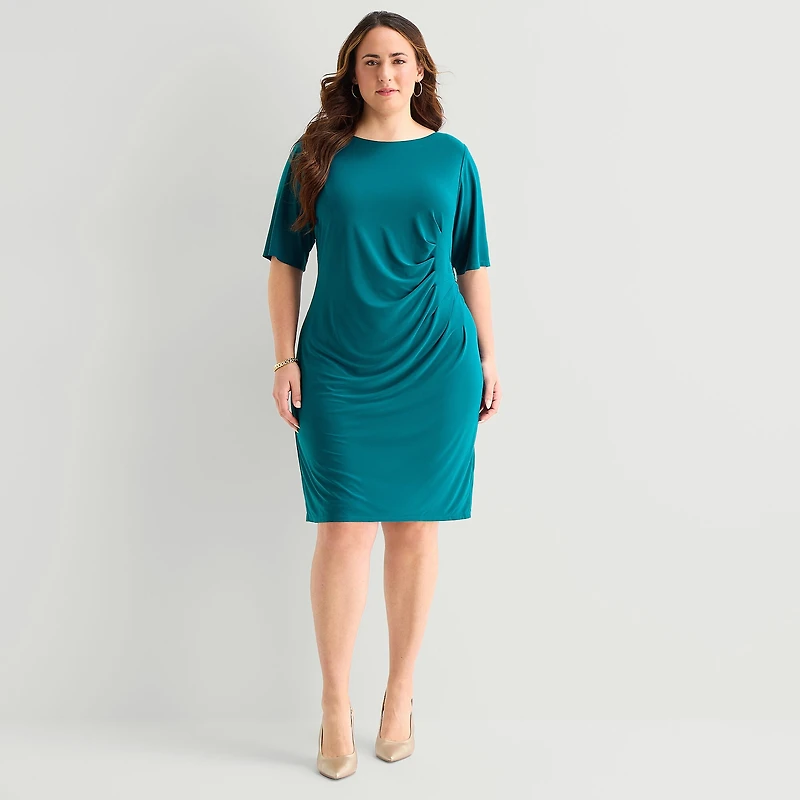 Jessica Howard Womens Plus Boat Neck Short Sleeve Sheath Dress