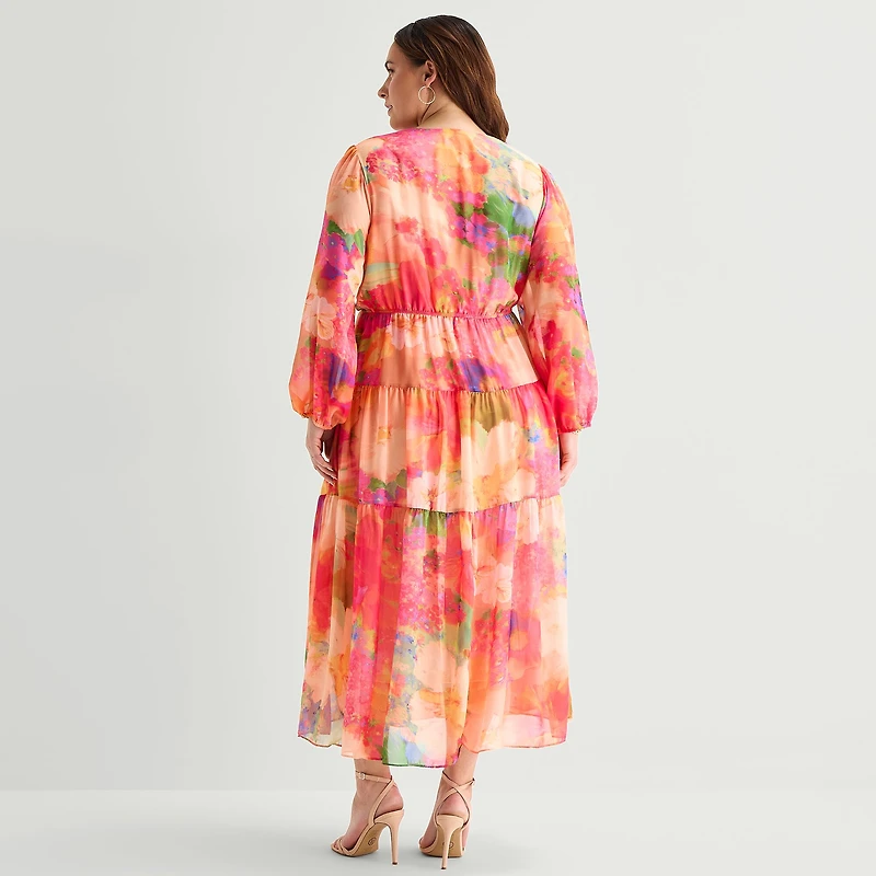 Robbie Bee Womens Plus V Neck Long Sleeve Balloon Maxi Dress