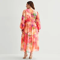 Robbie Bee Womens Plus V Neck Long Sleeve Balloon Maxi Dress