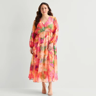 Robbie Bee Womens Plus V Neck Long Sleeve Balloon Maxi Dress