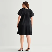Robbie Bee Womens Plus V Neck Short Sleeve Shift Dress