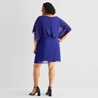 Jessica Howard Womens Plus Boat Neck 3/4 Sleeve Flutter Fit + Flare Dress