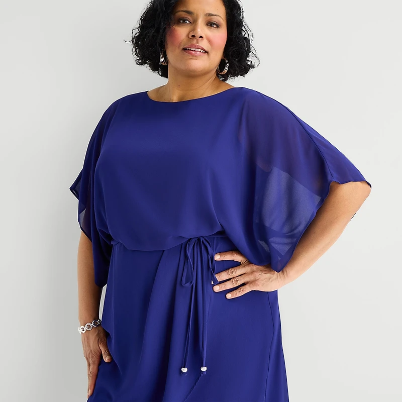 Jessica Howard Womens Plus Boat Neck 3/4 Sleeve Flutter Fit + Flare Dress