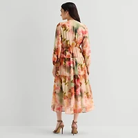 Robbie Bee Womens Petite V Neck Long Sleeve Puffed Maxi Dress