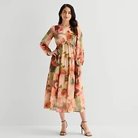 Robbie Bee Womens Petite V Neck Long Sleeve Puffed Maxi Dress
