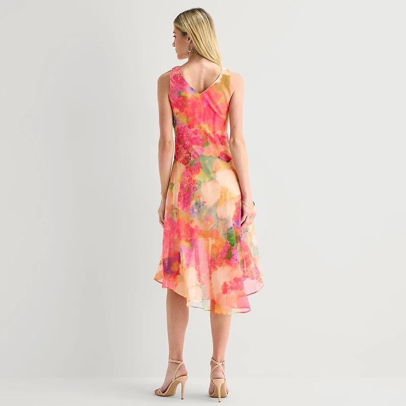 Robbie Bee Womens Petite Midi V Neck Sleeveless Floral Fit + Flare Dress