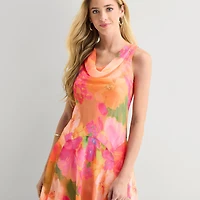 Robbie Bee Womens Petite Midi V Neck Sleeveless Floral Fit + Flare Dress