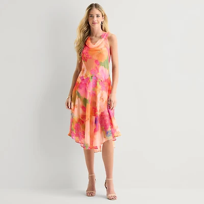 Robbie Bee Womens Petite Midi V Neck Sleeveless Floral Fit + Flare Dress