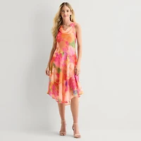 Robbie Bee Womens Petite Midi V Neck Sleeveless Floral Fit + Flare Dress