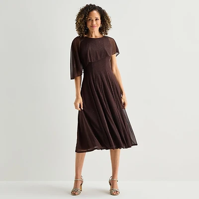 Danny & Nicole Womens Midi Round Neck Short Sleeve Cape Fit + Flare Dress