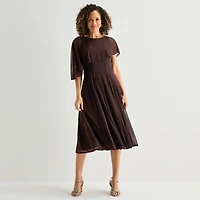 Danny & Nicole Womens Midi Round Neck Short Sleeve Cape Fit + Flare Dress
