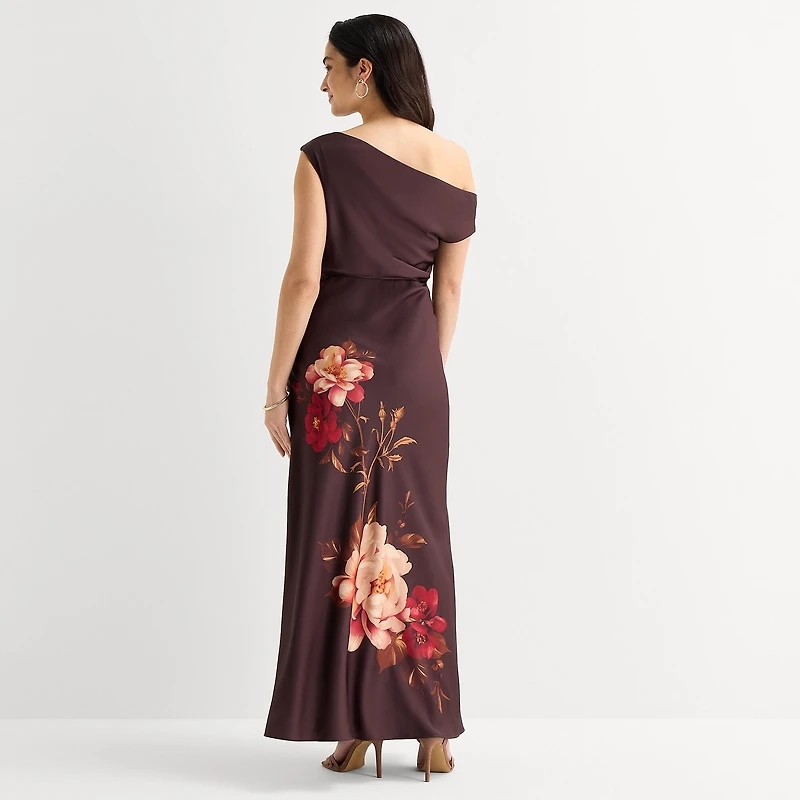 Melonie T Womens Asymmetrical Neck Sleeveless One Shoulder Floral Evening Gown
