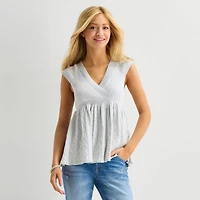 Arizona Womens Juniors V Neck Short Sleeve Babydoll Top