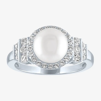Womens 8MM White Cultured Freshwater Pearl Sterling Silver Halo Cocktail Ring