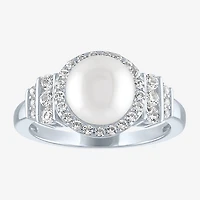 Womens 8MM White Cultured Freshwater Pearl Sterling Silver Halo Cocktail Ring