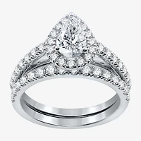 (H-I / Si2-I1) Womens 1 3/4 CT. T.W. Lab Grown White Diamond 10K Gold Pear Side Stone Halo Bridal Set