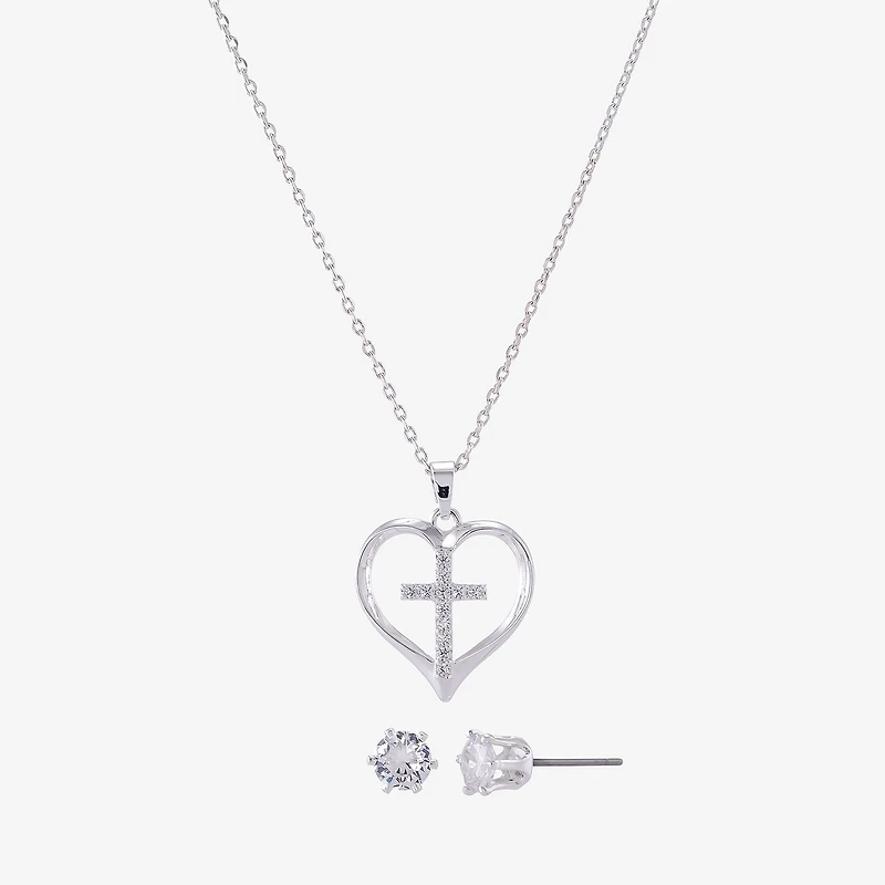 Sparkle Allure Womens Cubic Zirconia Pure Silver Over Brass Cross Heart 2-pc. Jewelry Set