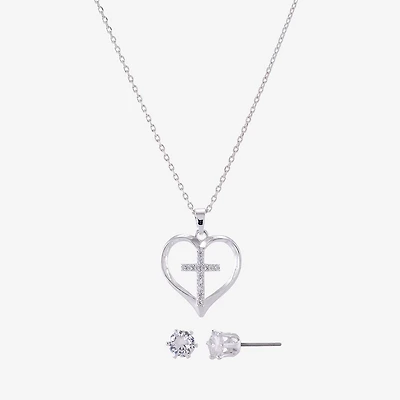 Sparkle Allure Womens Cubic Zirconia Pure Silver Over Brass Cross Heart 2-pc. Jewelry Set