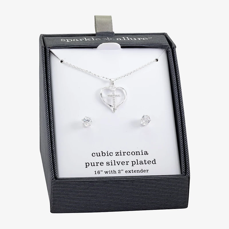 Sparkle Allure Womens Cubic Zirconia Pure Silver Over Brass Cross Heart 2-pc. Jewelry Set