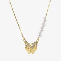 Sparkle Allure Womens Simulated Pearl 14K Gold Over Brass Butterfly 16 Inch Pendant Necklace
