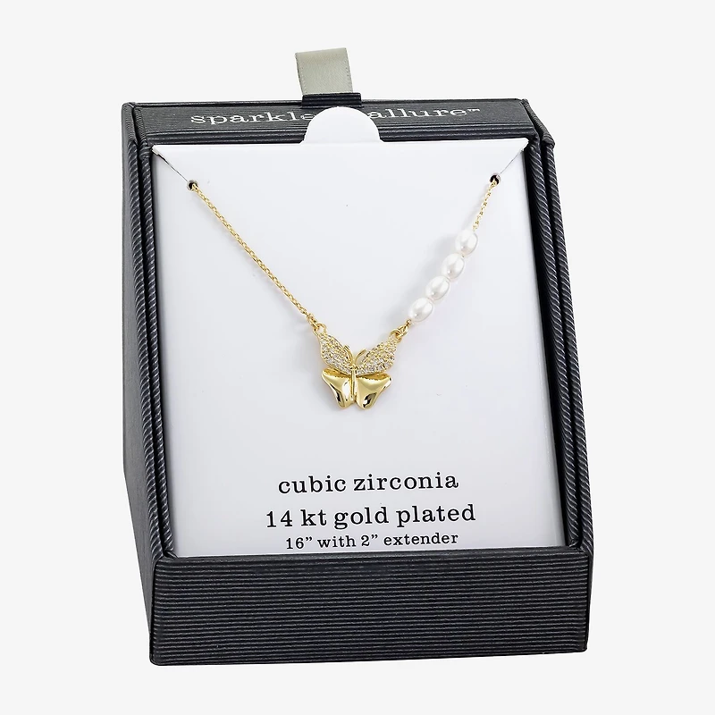 Sparkle Allure Womens Simulated Pearl 14K Gold Over Brass Butterfly 16 Inch Pendant Necklace