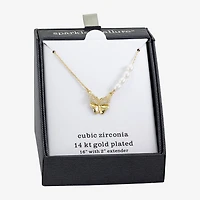 Sparkle Allure Womens Simulated Pearl 14K Gold Over Brass Butterfly 16 Inch Pendant Necklace