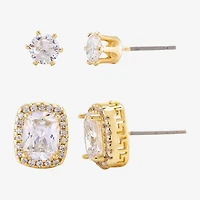 Sparkle Allure Halo Womens Cubic Zirconia 14K Gold Over Brass 2 Pair Earring Set
