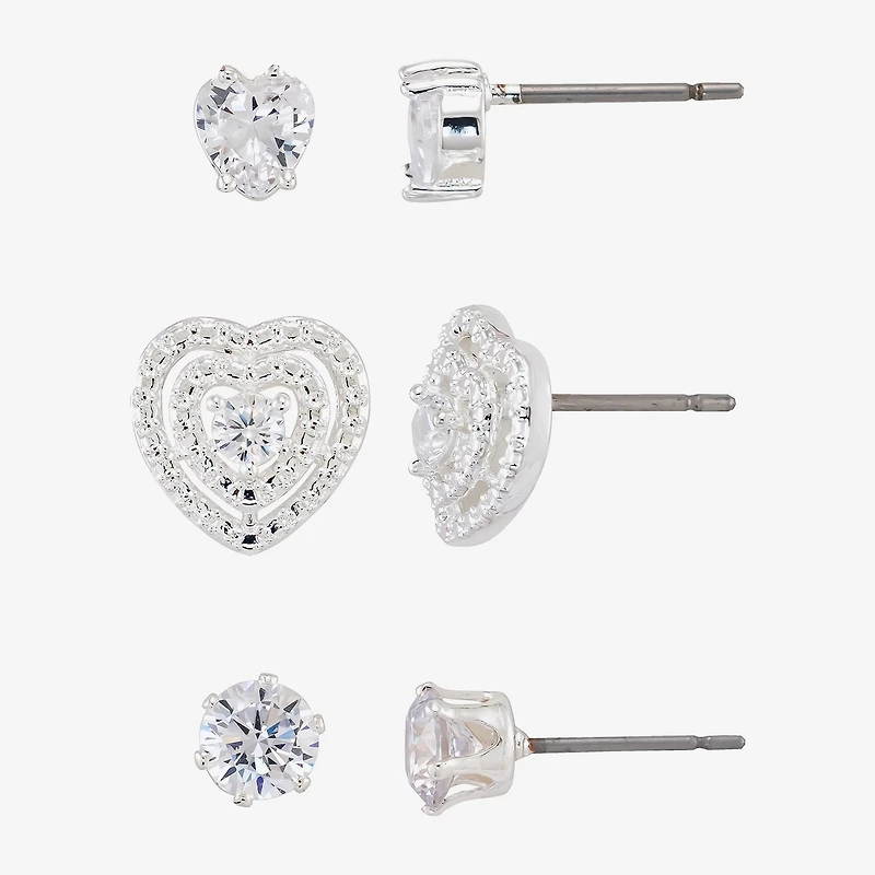 Sparkle Allure Womens Cubic Zirconia Heart 3 Pair Earring Set