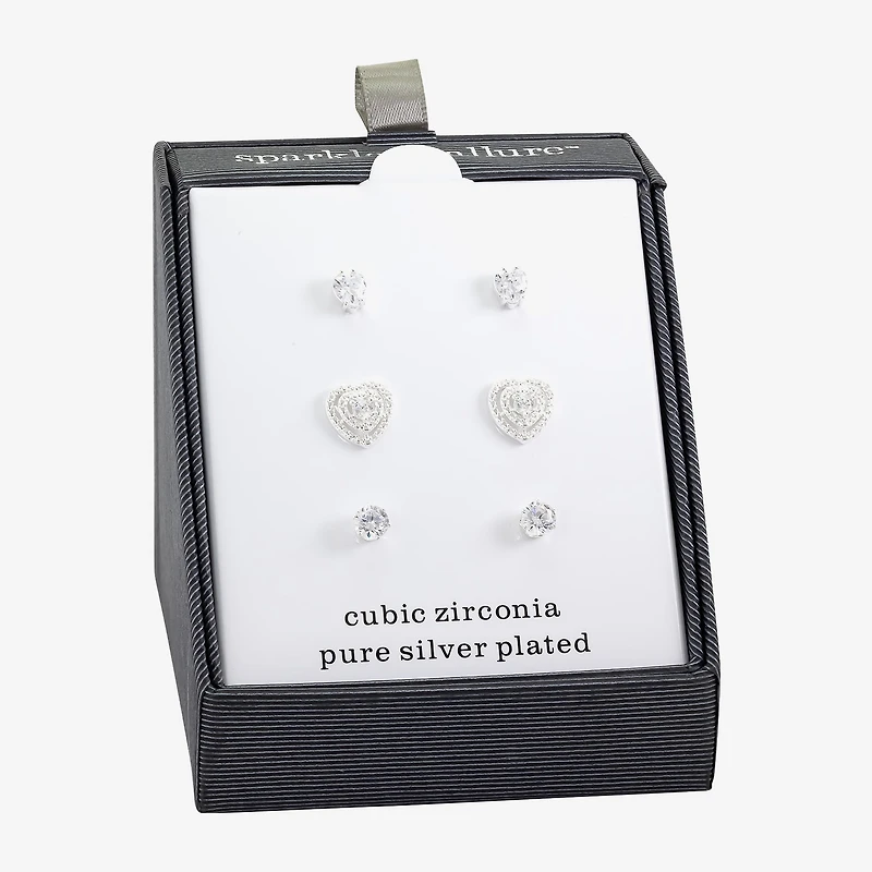Sparkle Allure Womens Cubic Zirconia Heart 3 Pair Earring Set