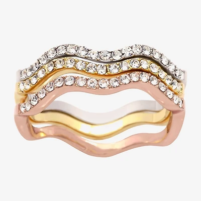 Sparkle Allure Wavy Delicate Stackable Womens Crystal 14K Gold Over Brass 18K Rose Ring Set