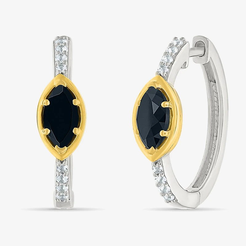 Womens Genuine Black Onyx 10K Gold Sterling Silver 20.5mm Marquise Hoop Earrings