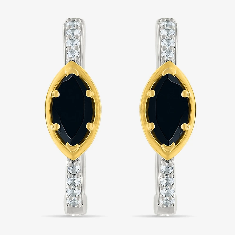 Womens Genuine Black Onyx 10K Gold Sterling Silver 20.5mm Marquise Hoop Earrings