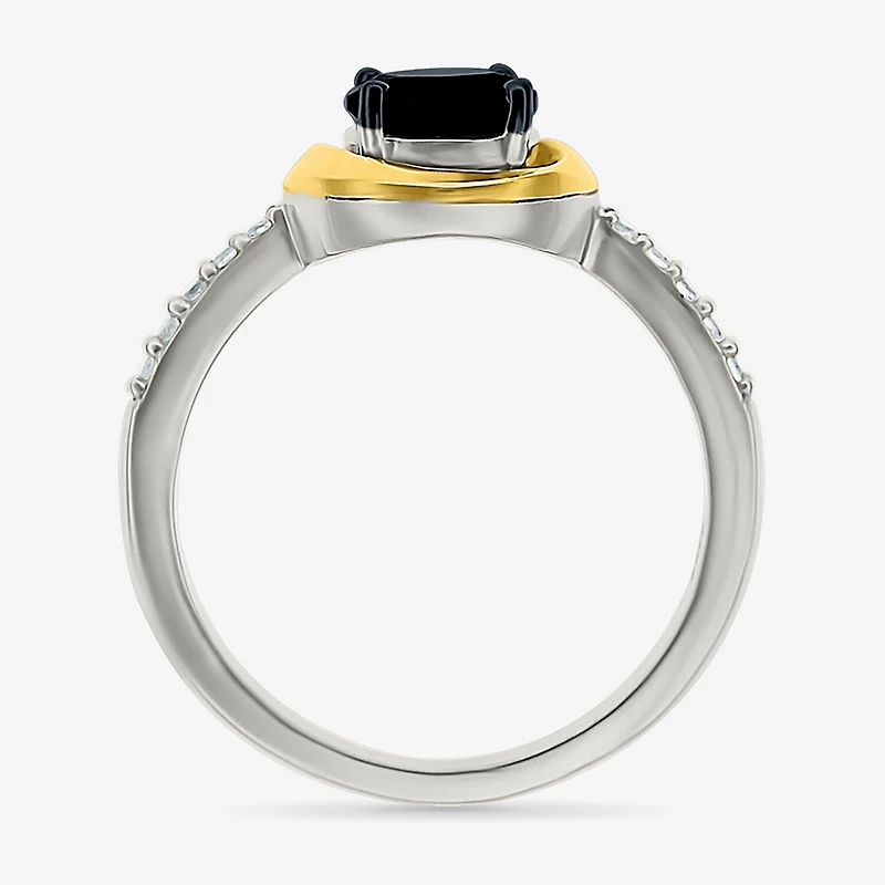 Womens Genuine Black Onyx 10K Gold Sterling Silver Round Side Stone Cocktail Ring