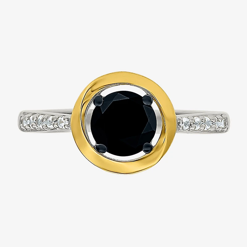 Womens Genuine Black Onyx 10K Gold Sterling Silver Round Side Stone Cocktail Ring