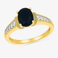 Womens Genuine Black Onyx 10K Gold Sterling Silver Oval Side Stone Cocktail Ring