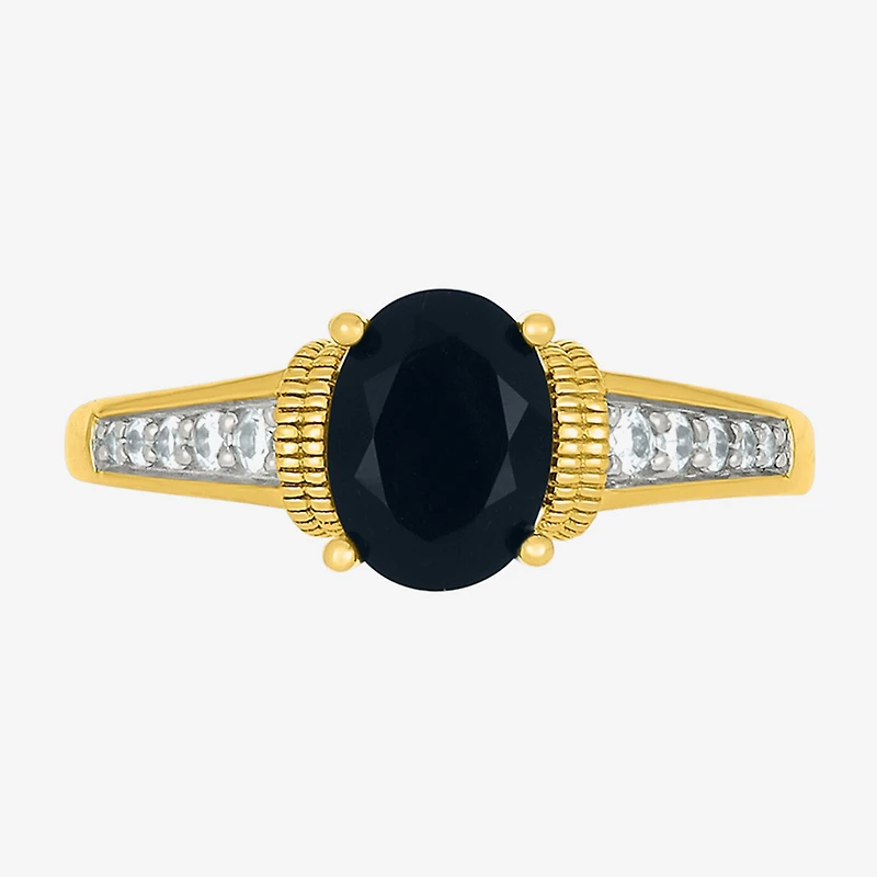 Womens Genuine Black Onyx 10K Gold Sterling Silver Oval Side Stone Cocktail Ring