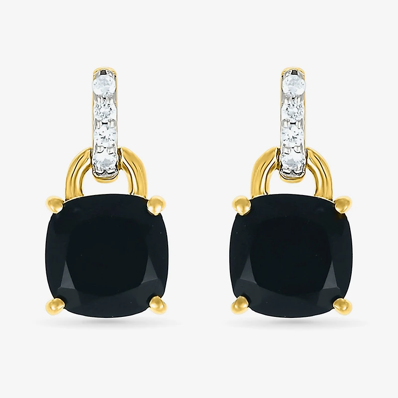 Womens Genuine Black Onyx 10K Gold Sterling Silver Cushion Drop Earrings